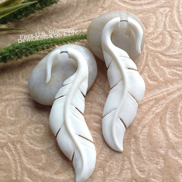 Fake Gauge Earrings, "Feathers" Bone, Handcrafted, Naturally Organic, Tribal