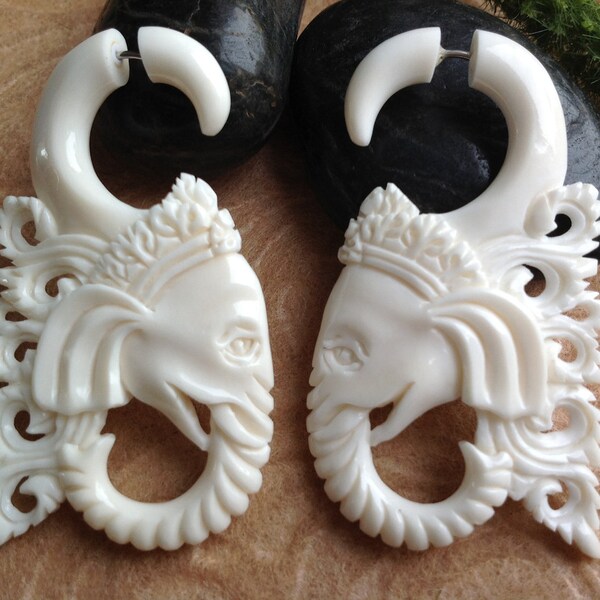 Fake Gauge Earrings, "Ganesh" Elephant, Tribal Design, Natural, Bone, Handcrafted With Love