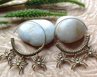 Tribal Hanging Earrings, "Spiders" Brass, Sterling Posts, Handcrafted