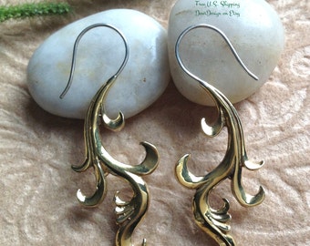 Tribal Hanging Earrings, "Vines" Brass, Sterling Posts, Handcrafted