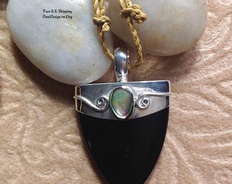 Necklace, "Portal" Tribal, Adjustable Cotton Cord, Sterling Silver, Horn, Paua Shell, Handcrafted