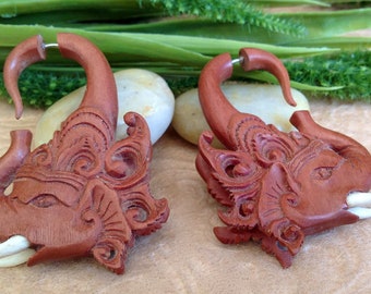 Fake Gauge Earrings, "Safari Ganesha II"  Naturally Organic, Saba Wood, Hand Carved, Tribal