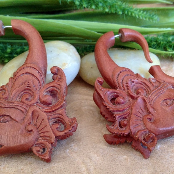 Fake Gauge Earrings, "Safari Ganesha II"  Naturally Organic, Saba Wood, Hand Carved, Tribal