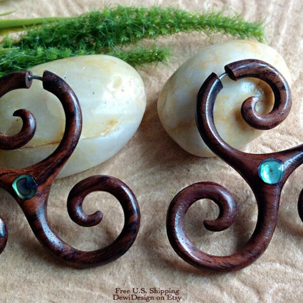 Fake Gauge Earrings, "Jeweled Curls" Hand Carved, Sono Wood, Paua Shell, Naturally Organic, Tribal