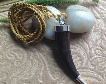 Necklace, "Tribal Spike" Adjustable Cotton Cord, Sterling Silver, Wood, Handcrafted