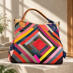 Puede incluir: Un bolso de cuero multicolor con un diseño geométrico de patchwork formado por tiras diagonales en rojo, amarillo, azul, rosa, verde y naranja. El bolso tiene un asa de cuero color canela, una sujeción de asa azul y herrajes de latón.
