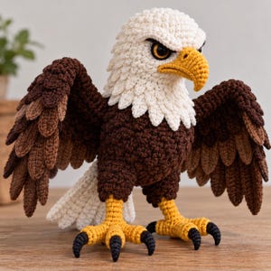 Puede incluir: Una figura de águila calva tejida a ganchillo con cabeza y cola blancas, cuerpo marrón oscuro y alas marrones en capas. El águila tiene un pico curvo de color amarillo brillante, patas amarillas con garras negras y ojos oscuros con mirada fija.