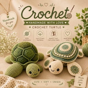 May include: Two crochet turtles featuring green and cream yarn. One turtle has a dark green textured shell, while the other has a patterned shell with concentric circles. Both have black eyes and stitched smiles, displayed with a sign reading Crochet.