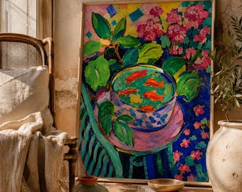 Originales Goldfisch-Ölgemälde, farbenfrohe florale Fischglas-Kunst, botanische Leinwand für eklektische mediterrane Wohndekoration