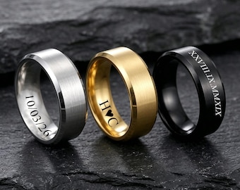 Bague en acier inoxydable gravée sur mesure | Anneau minimaliste brossé | 4 mm, 6 mm, 8 mm | Cadeau d'anniversaire de promesse pour les couples