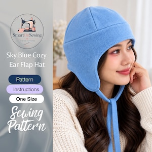 May include: A sky blue ear flap hat with ties, featuring text that reads SmartOnSewing, Sky Blue Cozy Ear Flap Hat, Pattern, Instructions, One Size, and Sewing Pattern. The hat is constructed with a rounded crown and side flaps.