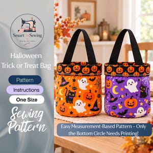Puede incluir: Dos bolsas de tela para dulces con asas negras. Una bolsa es naranja con fantasmas, gatos y calabazas; la otra es morada con motivos similares. El texto incluye SmartOnSewing, Halloween Trick or Treat Bag, Pattern, Instructions, One Size, Sewing Pattern.