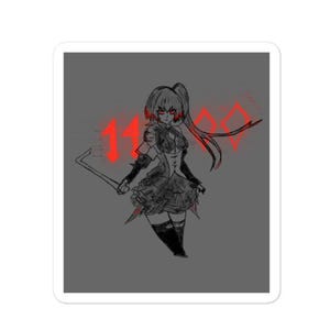 May include: A sticker featuring a black and white sketch of a character with long hair wearing a ruffled dress and holding a thin rod. The character has red eyes and is surrounded by glowing red text that reads 11:00 against a solid gray background.
