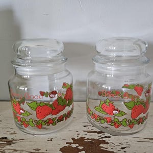 Pair Of Vintage Strawberry Shortcake American Greetings Berry Good Glass Jar Canisters