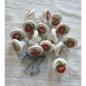 Vintage Ceramic Apple Drawer Knobs Set of 15 White Porcelain Cabinet Pulls