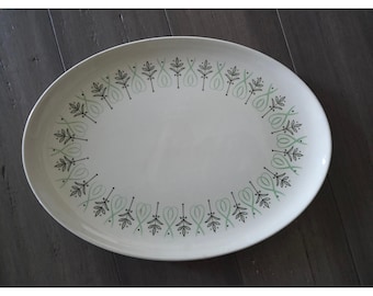 Vintage Mid-Century Oval Platter Green Black Scroll Leaf Atomic Serving Tray