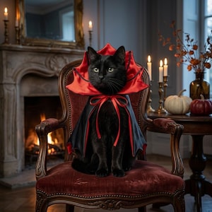 May include: A black cat wearing a vampire-style cape with a high, stiff red collar and a black body. The cape features a red satin lining, scalloped edges resembling bat wings, and a thin red ribbon tie fastened at the front of the neck.