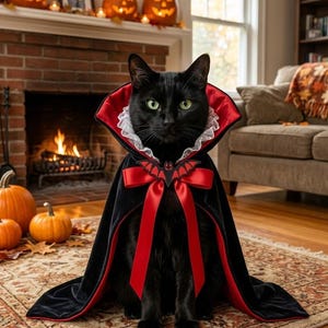 May include: A black cat wearing a black and red velvet cape with a white lace collar and a red satin bow featuring a black bat emblem. The cape has a high, structured collar that frames the cat's face, and long red ribbons hanging down the front.