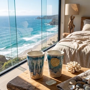 May include: Two ceramic tumblers with ocean-themed designs sit on a wooden table. The tumblers feature blue and white glaze, with one showcasing a sunburst and the other a starfish. A coral piece and beach stones are also on the table, with a scenic ocean view in the background.