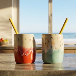 May include: Two ceramic tumblers with a smooth, cylindrical shape and a dripped glaze finish. The left tumbler features a cream top transitioning into a vibrant orange base. The right tumbler has a cream top with a light blue base. Both include yellow straws.