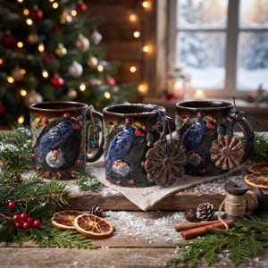 May include: Three dark brown ceramic mugs featuring a raised blue bird relief, red berry accents, and a handle adorned with a hanging brown flower-shaped ornament. The mugs are arranged on a wooden surface with pine branches and dried orange slices.