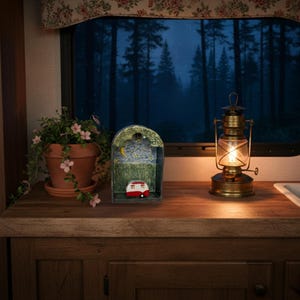 Handsculpted Meet Me at Midnight Forest Nicho | Ceramic Moon & Stars Shrine with Vintage Ceramic Camper