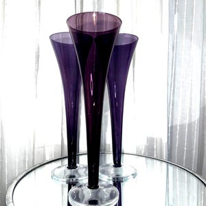 Vintage 1990s Amethyst Purple Trumpet Flutes, Postmodern 1990s Lily Stemware (Set of 3)