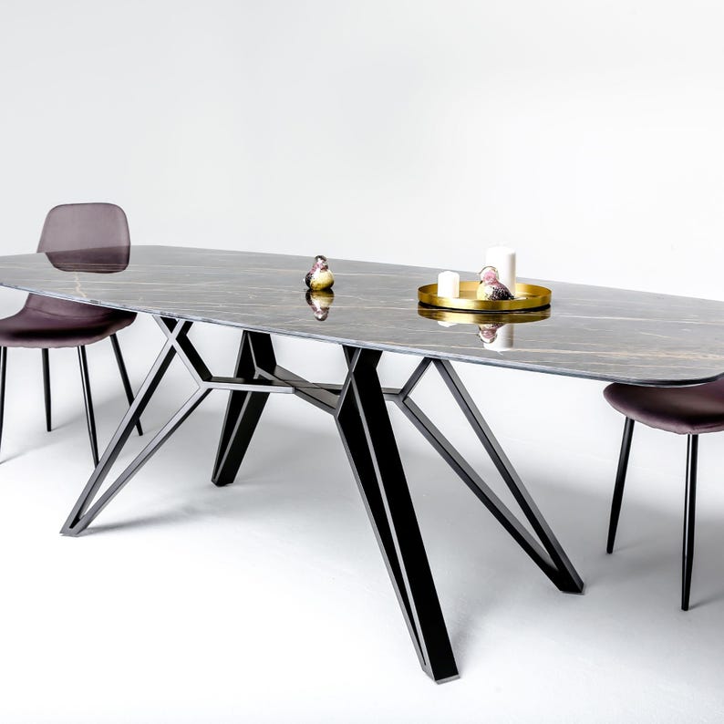 Modern steel dining table base for rectangular tabletops, handcrafted from durable 80 x 20 mm steel tubing. Strong metal pedestal frame with a distinctive geometric design, ideal for large wooden, stone and custom dining tables.