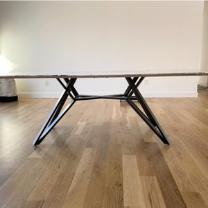 Contemporary steel pedestal table base for large rectangular tabletops, combining a sculptural geometric form with reliable stability. Handmade from high quality steel, perfect for modern dining tables, custom furniture and stone or wood tops.