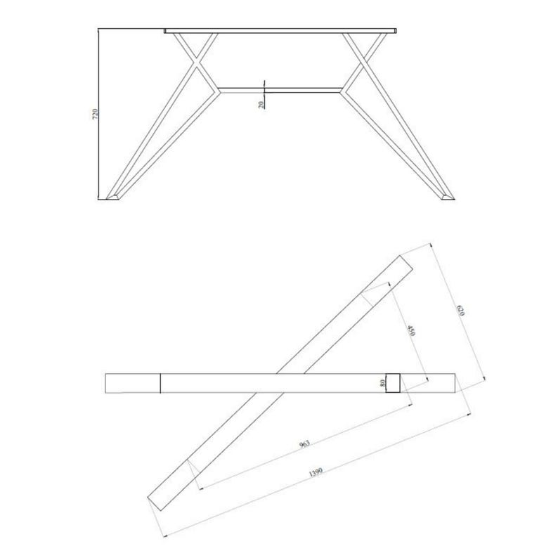 May include: A technical line drawing of a table frame with X-shaped legs. The front view shows a height of 720 units and a crossbar thickness of 20 units. The top-down view displays a length of 1390 units, a width of 620 units, and a 963 unit span.