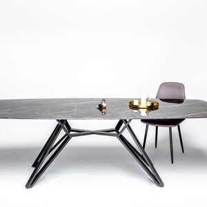 Premium handmade metal table base for rectangular tabletops, featuring a distinctive contemporary steel frame and sturdy mounting plates. Designed for custom dining tables with wooden, marble, stone and other high quality surfaces.