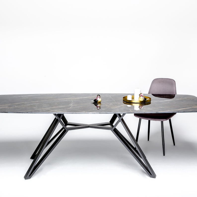 Premium handmade metal table base for rectangular tabletops, featuring a distinctive contemporary steel frame and sturdy mounting plates. Designed for custom dining tables with wooden, marble, stone and other high quality surfaces.