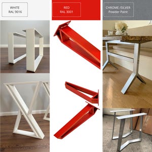 Modern table legs and steel pedestal table base handcrafted from heavy-duty steel. Designed for dining tables, kitchen tables, coffee tables, desks, conference tables, cabinets and custom furniture. Construction with clean geometric lines provides durability, stability and a minimalist look for modern interiors.