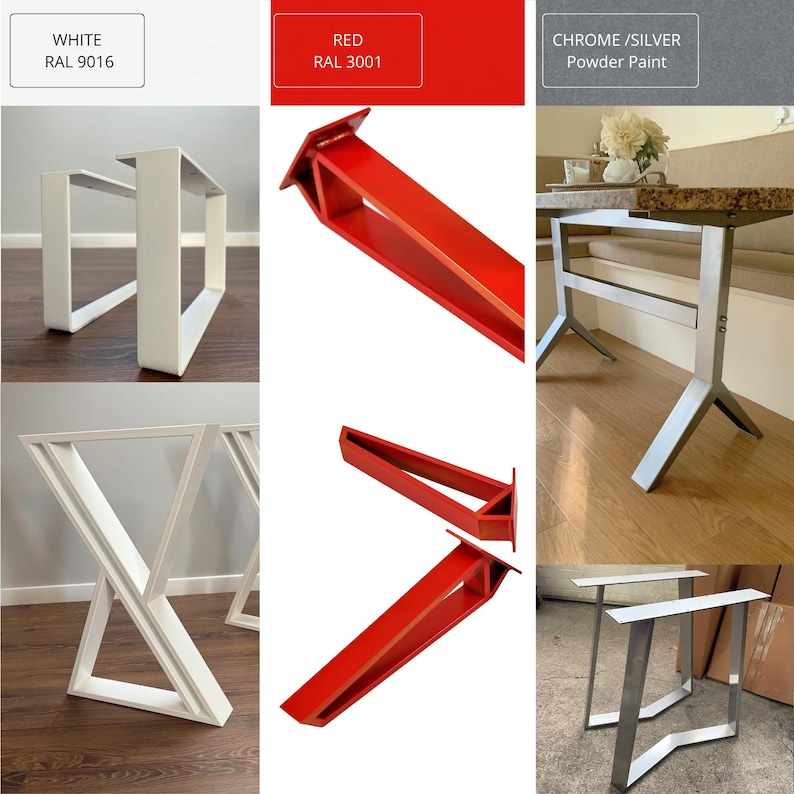 Modern table legs and steel pedestal table base handcrafted from heavy-duty steel. Designed for dining tables, kitchen tables, coffee tables, desks, conference tables, cabinets and custom furniture. Construction with clean geometric lines provides durability, stability and a minimalist look for modern interiors.