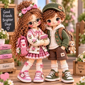 May include: Two crocheted dolls standing side by side. The left doll has long curly brown hair, glasses, a pink floral cardigan, a plaid skirt, and pink sneakers. The right doll wears a green cap, a white hoodie, a green jacket, and brown shorts.