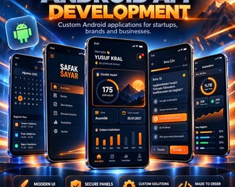 Könnte beinhalten: Eine Werbegrafik für YSFF Software mit fünf Smartphones, die verschiedene Android-App-Oberflächen mit dunklen Themen, orangefarbenen Akzenten und Datendiagrammen zeigen. Der Text lautet Android App Development und Let's Build Your App.