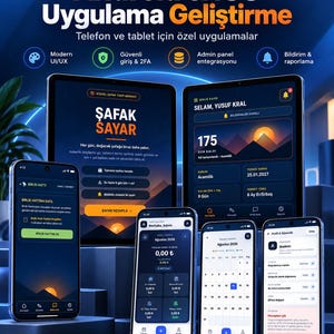Pode incluir: Um display digital apresentando serviços de desenvolvimento de aplicativos Android e iOS com vários tablets e smartphones exibindo interfaces de aplicativos, incluindo um cronômetro, calendário e configurações de perfil em tons de azul e laranja.
