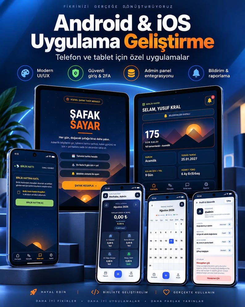 K&ouml;nnte beinhalten: Eine digitale Anzeige f&uuml;r Android- und iOS-App-Entwicklungsdienste mit mehreren Tablets und Smartphones, die App-Oberfl&auml;chen wie einen Countdown-Timer, einen Kalender und Benutzereinstellungen in einem dunkelblauen und orangen Design zeigen.