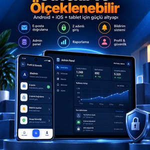 K&ouml;nnte beinhalten: Eine digitale Benutzeroberfl&auml;che mit Smartphone und Tablet, die ein Admin-Panel in Blau- und Dunkelt&ouml;nen zeigt. Der Text umfasst "G&uuml;venli ve &Ouml;l&ccedil;eklenebilir", "Android + iOS + tablet i&ccedil;in g&uuml;&ccedil;l&uuml; altyapı", "E-posta doğrulama", "2 adımlı giriş", "Bildirim sistemi", "Admin panel", "Raporlama" und "Profil & g&uuml;venlik".