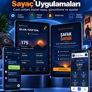 K&ouml;nnte beinhalten: Eine digitale Benutzeroberfl&auml;che mit zwei Tablets und zwei Smartphones, die die App Topluluk ve Saya&ccedil; Uygulamaları zeigen. Die Bildschirme haben dunkelblaue Designs mit orangefarbenen Akzenten, t&uuml;rkischem Text, Countdowns und Finanz-Tracking-Modulen.
