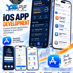Könnte beinhalten: Eine Werbegrafik für YSFF Software mit mehreren Smartphones, die iOS-App-Oberflächen, Aufgabenverwaltung und Kurslisten anzeigen. Das Design enthält das YSFF-Logo, App-Store-Symbole und Text, der Dienstleistungen für die Entwicklung von iOS-Apps bewirbt.