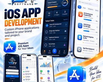 Könnte beinhalten: Eine Werbegrafik für YSFF Software mit mehreren Smartphones, die iOS-App-Oberflächen, Aufgabenverwaltung und Kurslisten anzeigen. Das Design enthält das YSFF-Logo, App-Store-Symbole und Text, der Dienstleistungen für die Entwicklung von iOS-Apps bewirbt.