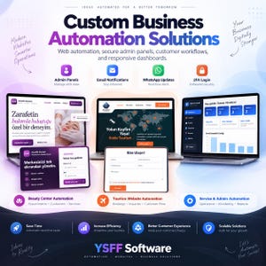 May include: A digital marketing graphic for YSFF Software showcasing custom business automation solutions. The layout features three laptop screens displaying web interfaces, admin panels, and customer workflows, with icons for email, WhatsApp, and 2FA security.