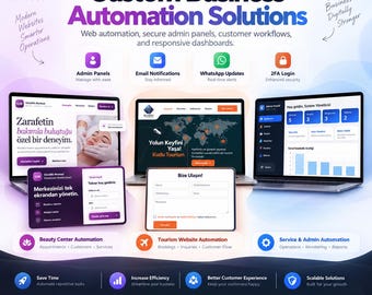 Könnte beinhalten: Eine digitale Marketinggrafik für YSFF Software, die maßgeschneiderte Geschäftsautomatisierungslösungen präsentiert. Das Layout zeigt drei Laptop-Bildschirme mit Web-Interfaces, Admin-Panels und Kunden-Workflows sowie Symbole für E-Mail, WhatsApp und 2FA.