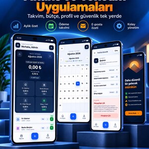 K&ouml;nnte beinhalten: Vier Smartphones zeigen eine Finanz- und Verwaltungs-App-Oberfl&auml;che mit blauen und dunklen Themen. Die Bildschirme zeigen Dashboards f&uuml;r monatliche Zusammenfassungen, Zahlungskalender, Profileinstellungen und einen Begr&uuml;&szlig;ungsbildschirm.