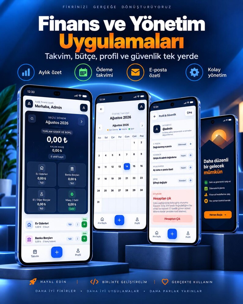 K&ouml;nnte beinhalten: Vier Smartphones zeigen eine Finanz- und Verwaltungs-App-Oberfl&auml;che mit blauen und dunklen Themen. Die Bildschirme zeigen Dashboards f&uuml;r monatliche Zusammenfassungen, Zahlungskalender, Profileinstellungen und einen Begr&uuml;&szlig;ungsbildschirm.