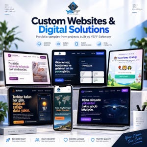 May include: A promotional display for YSFF Software featuring multiple screens showing custom websites and digital solutions. The layout includes text headers, icons for modern design and responsive code, and various project interface examples.