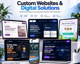 Könnte beinhalten: Eine Werbedarstellung für YSFF Software mit mehreren Bildschirmen, die maßgeschneiderte Websites und digitale Lösungen zeigen. Das Layout enthält Textüberschriften, Symbole für modernes Design und verschiedene Beispiele für Projektoberflächen.