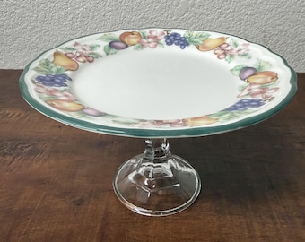 Vintage Epoch Market Day Ceramic Cake Stand, Floral Fruit Pattern, Glass Pedestal Plate