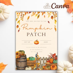 May include: A rectangular invitation card featuring a cream background with watercolor illustrations of autumn leaves, pumpkins, a wooden barrel, and a fence. The text reads: You are invited to the Pumpkin Patch, Oct 25, 2025, at six o'clock.